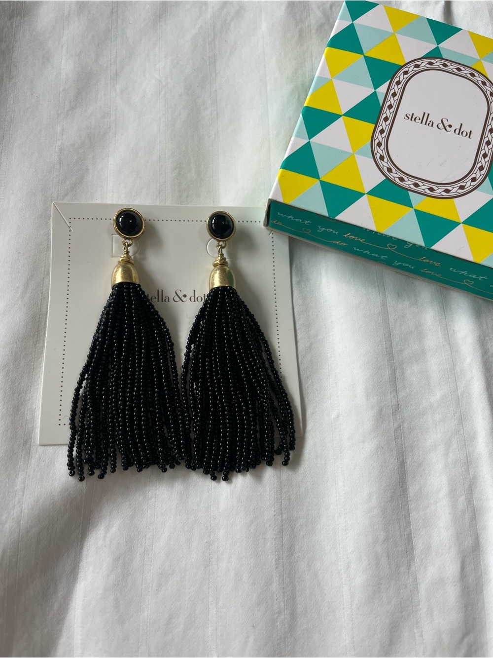 Stella & Dot Black Beaded Tassel Earrings with Gold Accents